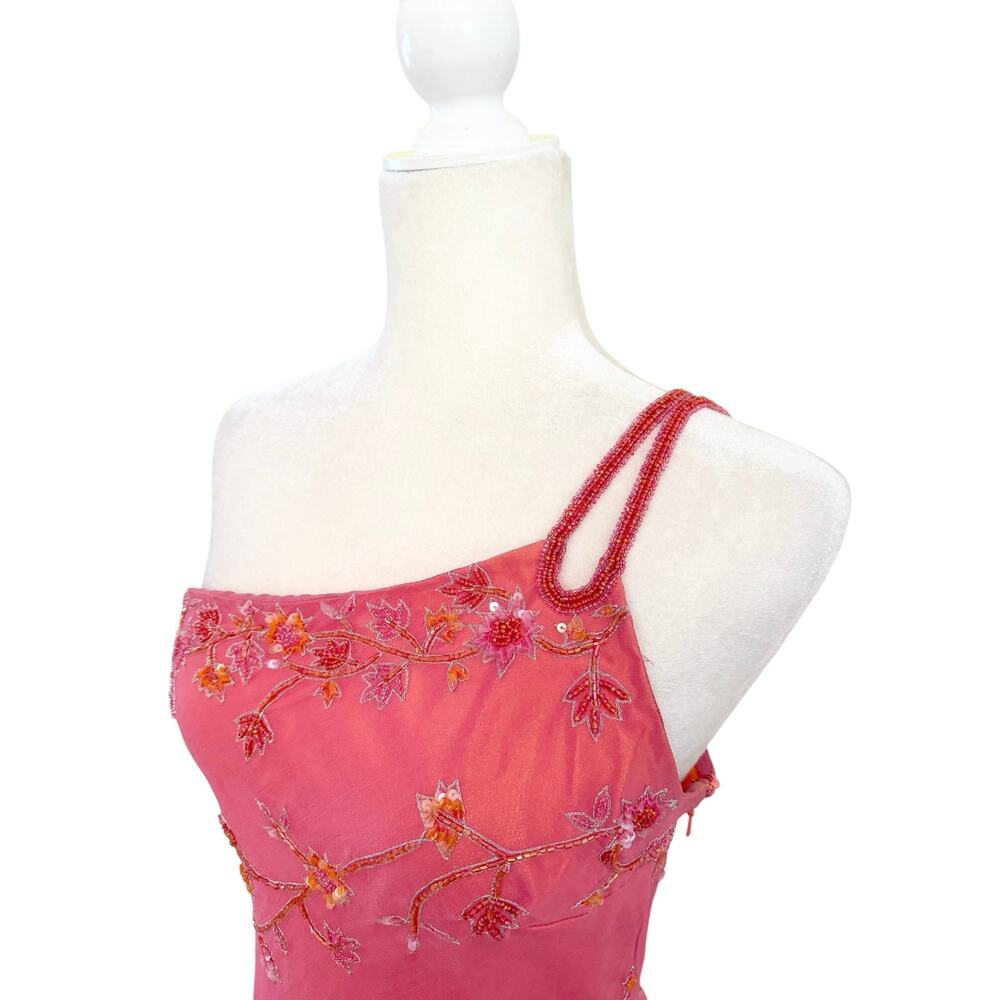 Y2K Scala Beaded Asymmetrical One Shoulder Silk Dress Sz Large Pink Party Glam - Picture 3 of 13